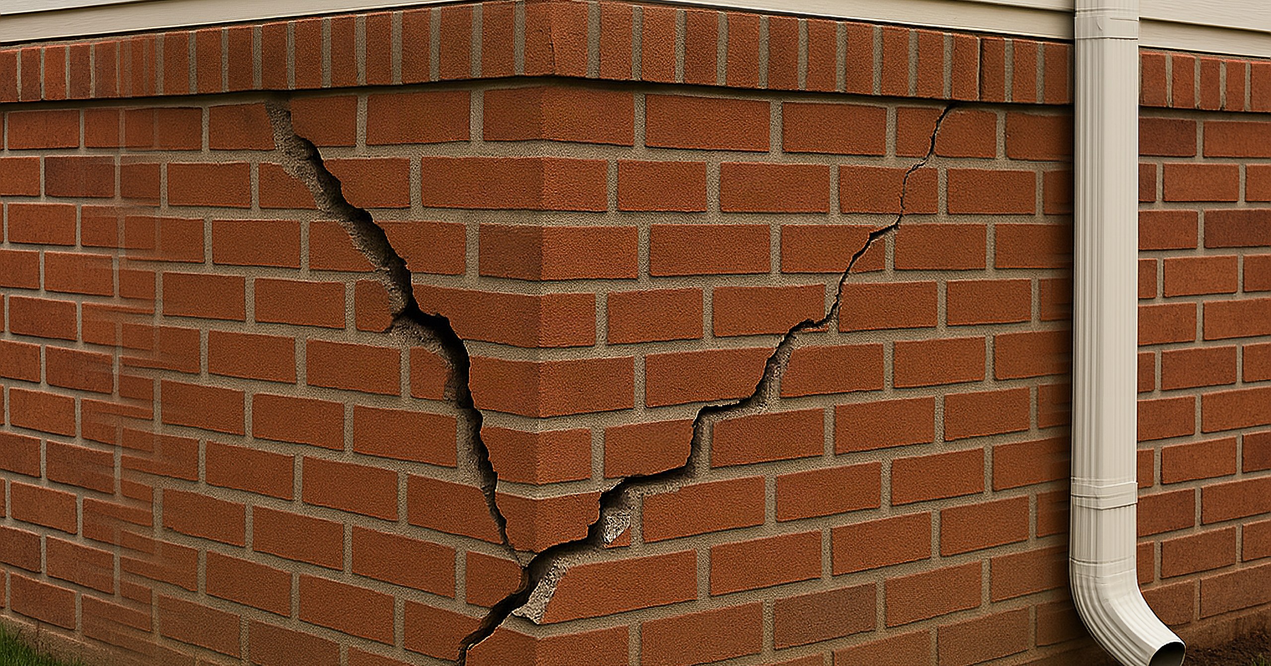 Illustrative example: a Tulsa brick foundation wall with a wide stair-step crack and displaced bricks before foundation repair