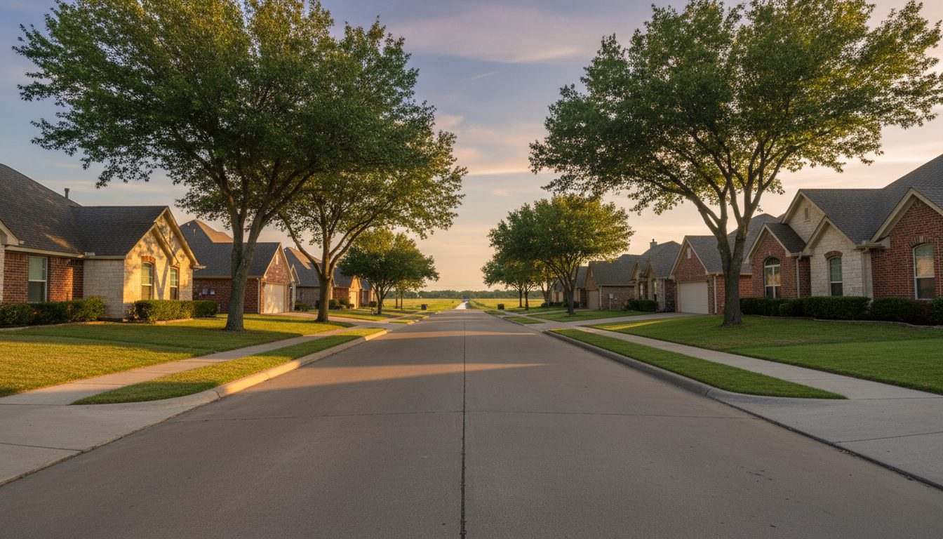 Homes along a tree-lined street in Bixby, Oklahoma, near the Arkansas River