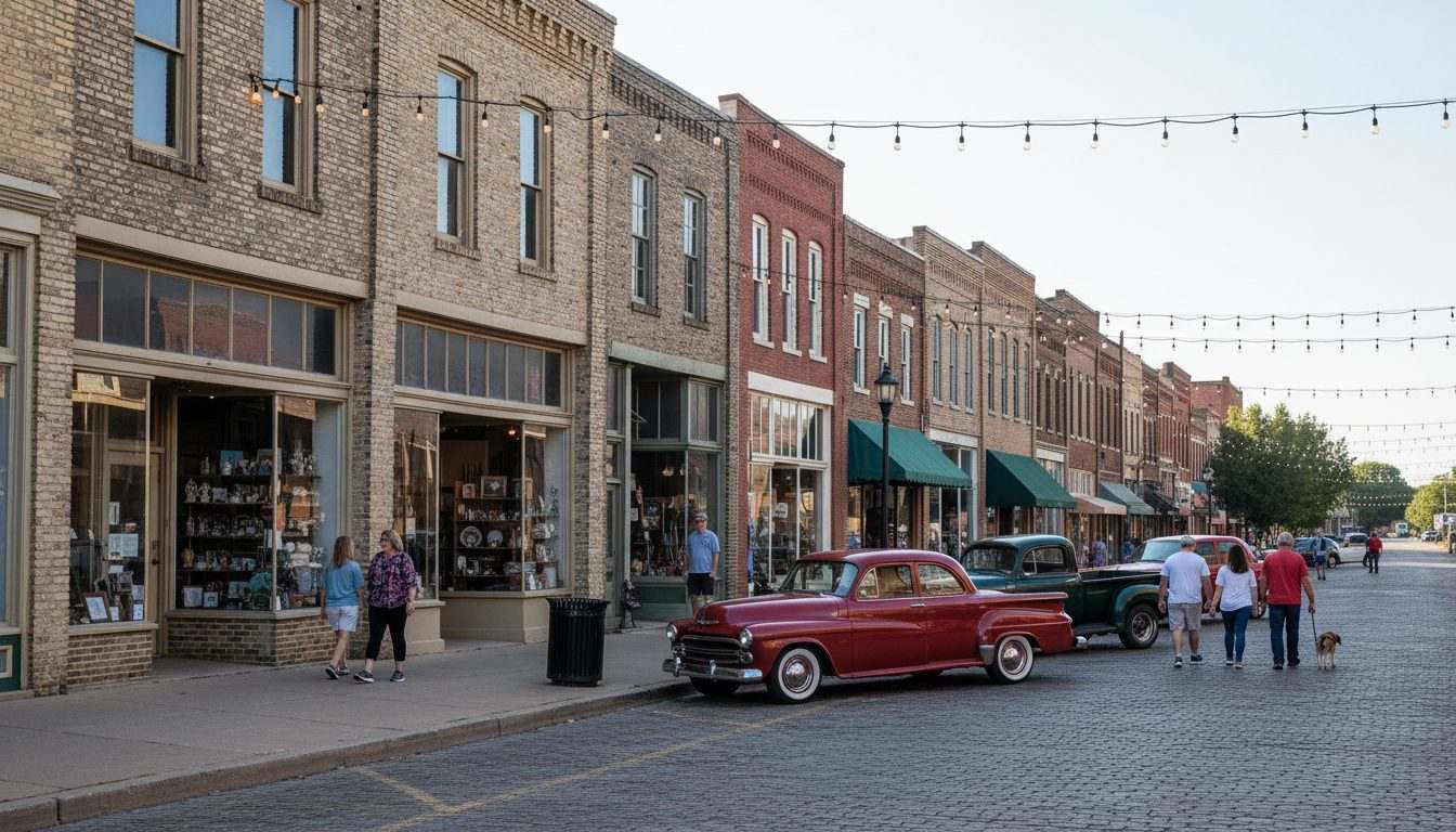 The Main Street area of Jenks, Oklahoma, with its older storefronts and nearby bungalows