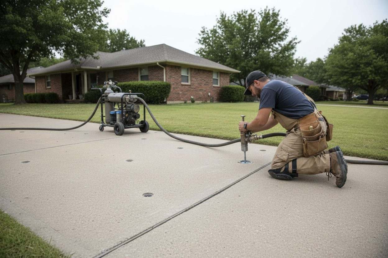 Concrete leveling in progress on a Tulsa driveway: polyurethane foam injected through small ports to lift a sunken slab