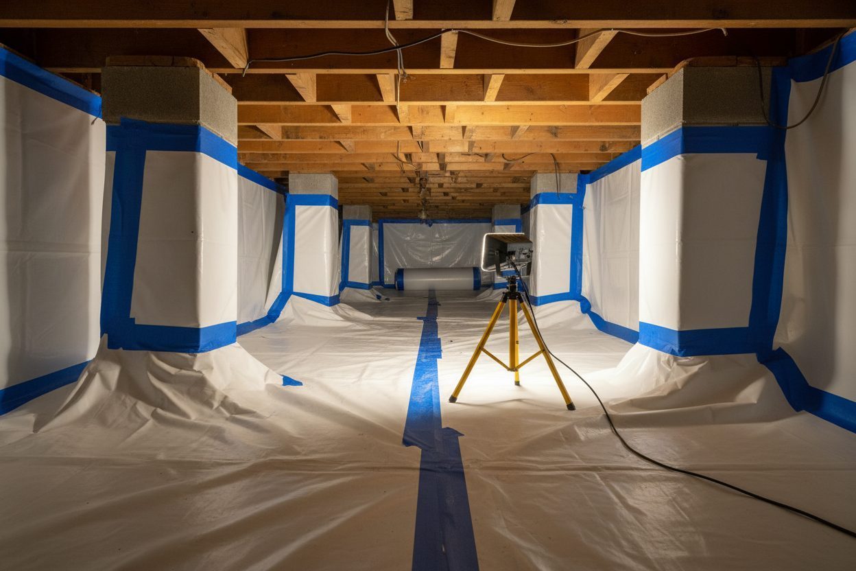 Crawl space encapsulation in progress under a Tulsa home: white vapor barrier sealed across the ground and piers