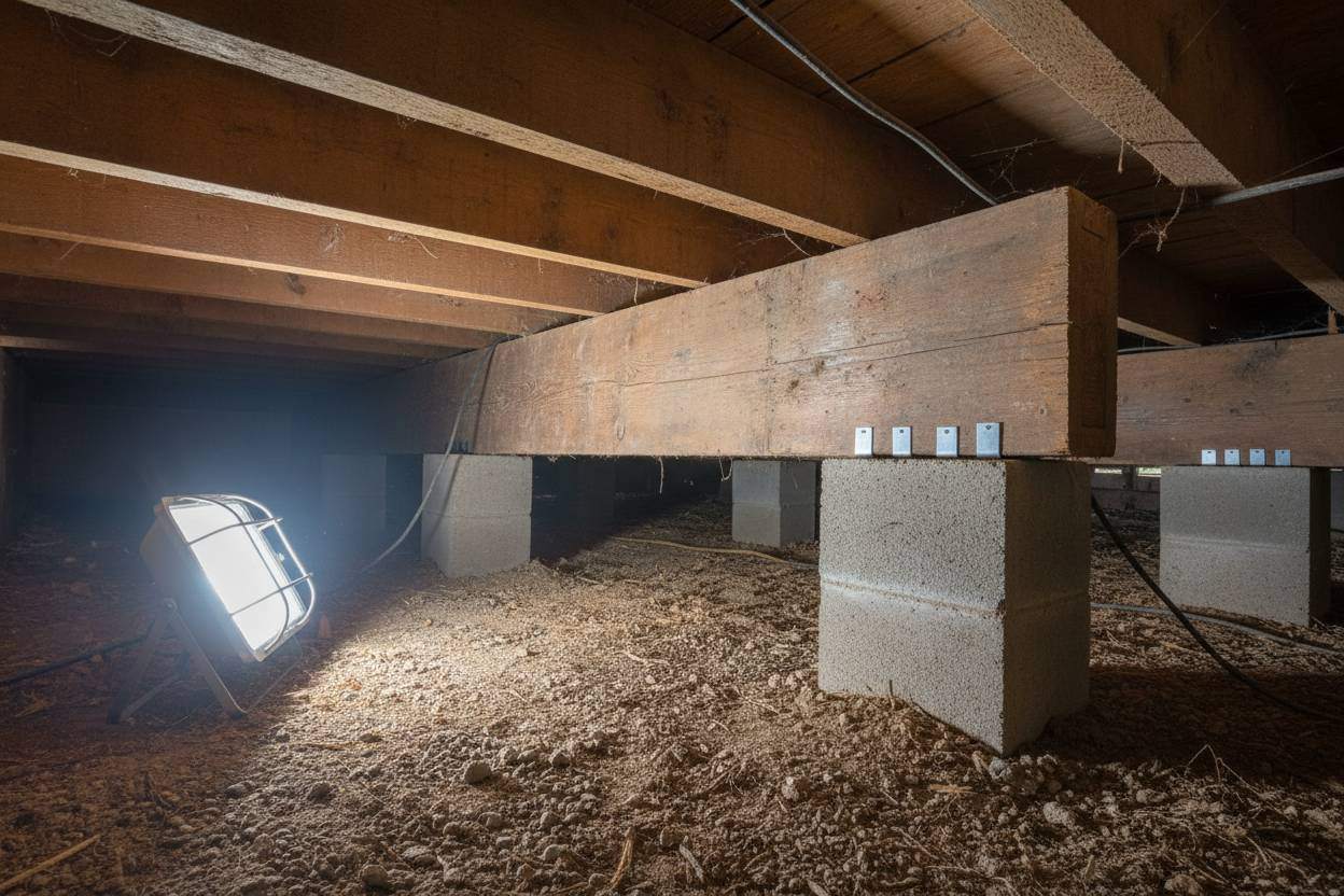 A crawl space under a Tulsa pier-and-beam home with wood beams and support piers visible