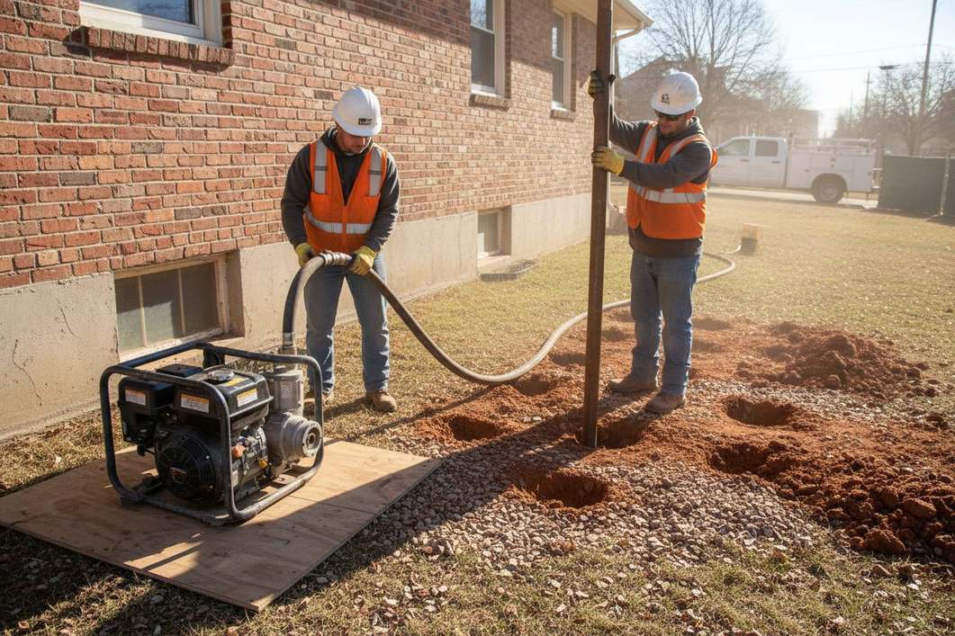 Soil stabilization at a Tulsa home: grout injection equipment strengthening the ground along the foundation